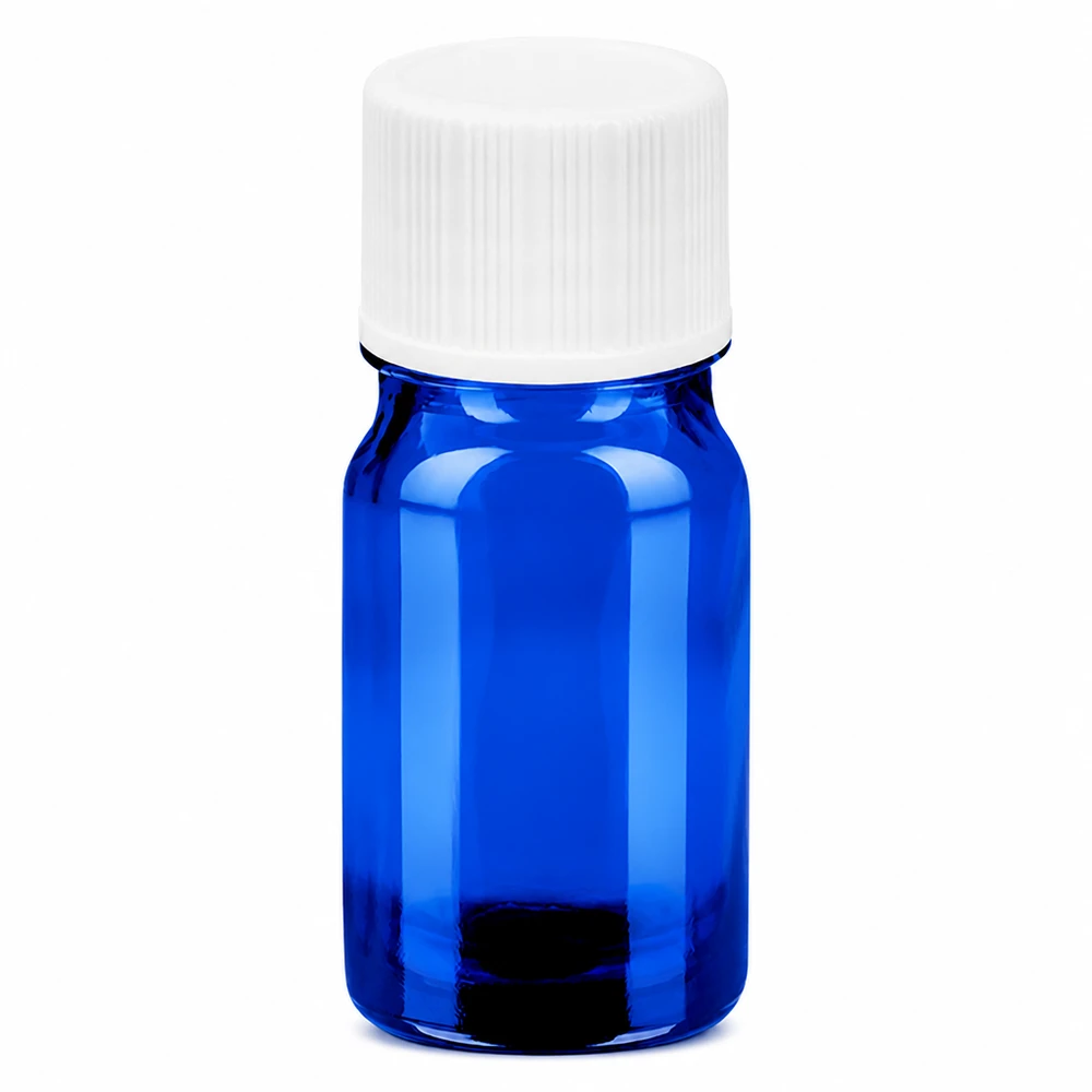 Butelka 5 ml 11 mm SV biała STD BlueLine UT18/5 Szklana butelka 5 ml niebieska z białą zakrętką 11 mm do olejków eterycznych i ekstraktów