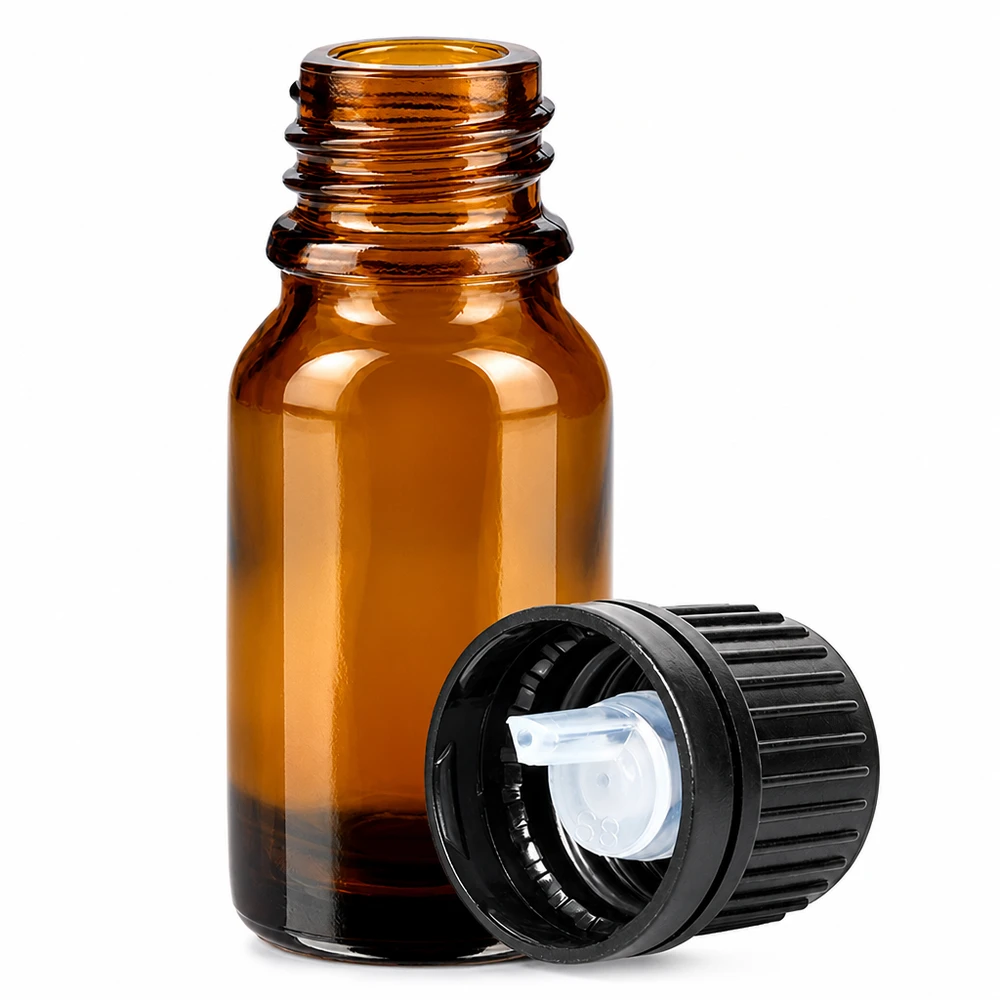 10 ml butelka z zakraplaczem 1 mm czarna OV BrownLine UT18/10 Brązowa szklana butelka o pojemności 10 ml z zakraplaczem 1 mm i czarną zakrętką do precyzyjnego dozowania.