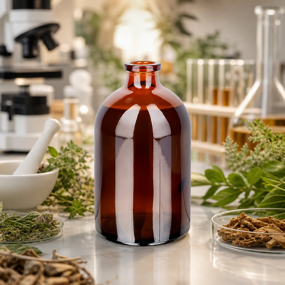 Butelka iniekcyjna z bursztynowego szkła 100 ml Injektionsflasche Braunglas 100ml mit schmalem Rollrandhals umgeben von botanischen Laborproben