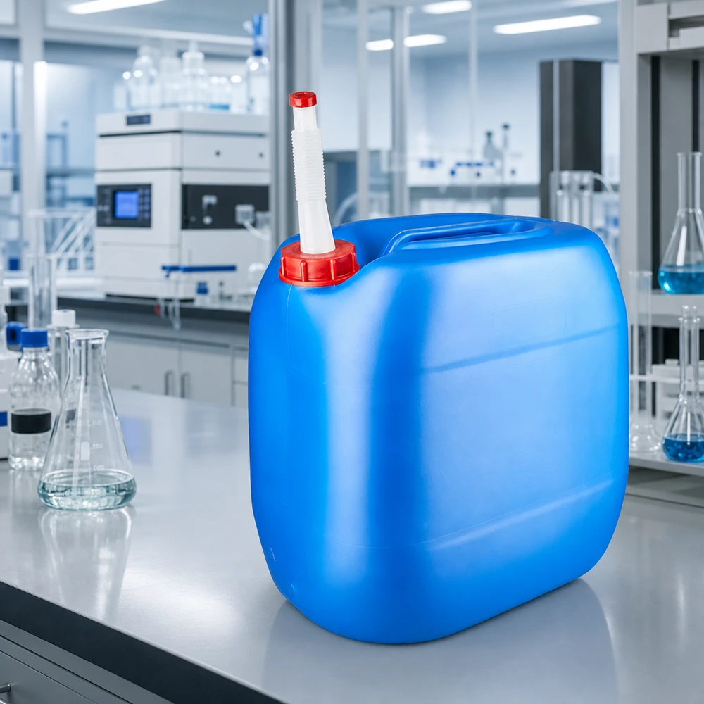 Kanister 30 litrów niebieski z rurką spustową Flex Prostokątny kanister o pojemności 30 l w kolorze niebieskim z elastyczną rurką wylotową na stole laboratoryjnym między kolbami Erlenmeyera