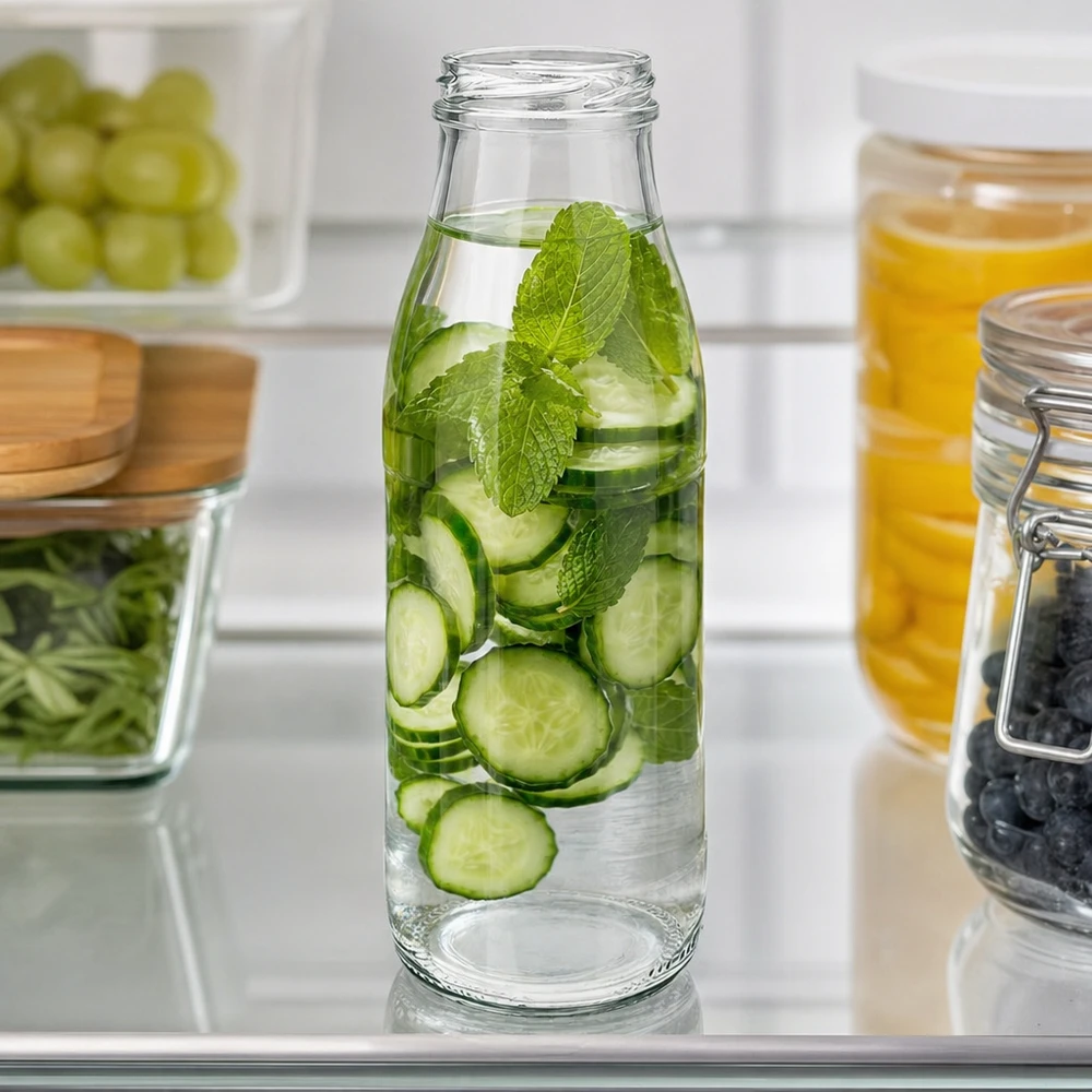 Szklana butelka 500 ml bez pokrywki (TO48) UNiTWIST. Całkowicie szczelna z dużym otworem. Do mleka, soków i lemoniady. Wymaga pokrywki TO48 500ml Glasflasche TO48 UNiTWIST mit Gurkenscheiben und Minze als Infused Water im modernen Kühlschrank