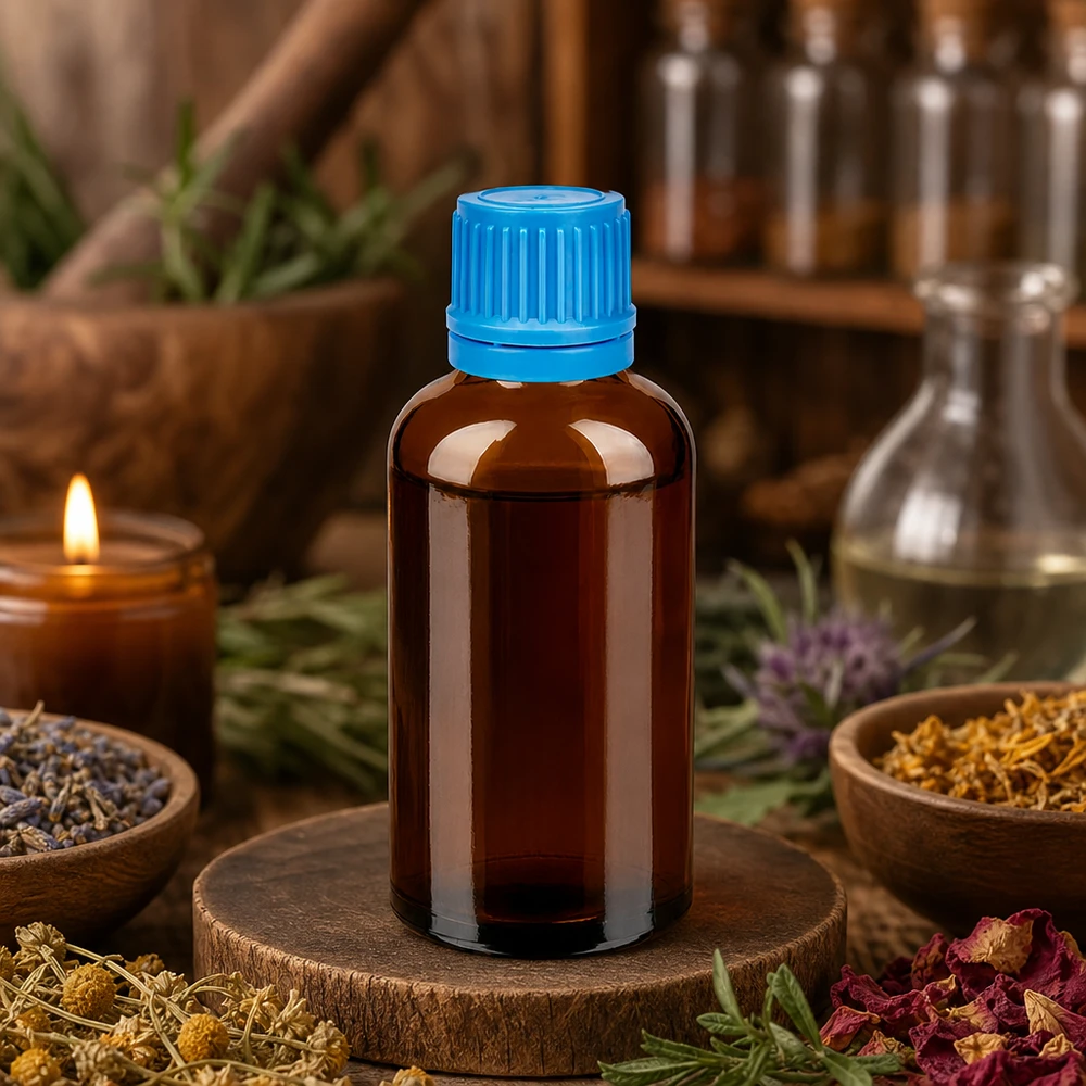 Butelka 50 ml 11 mm SV niebieski OV BrownLine UT18/50 Wysokiej jakości szklana butelka 50 ml w kolorze brązowym z niebieską nakrętką do naturoterapii i aromaterapii