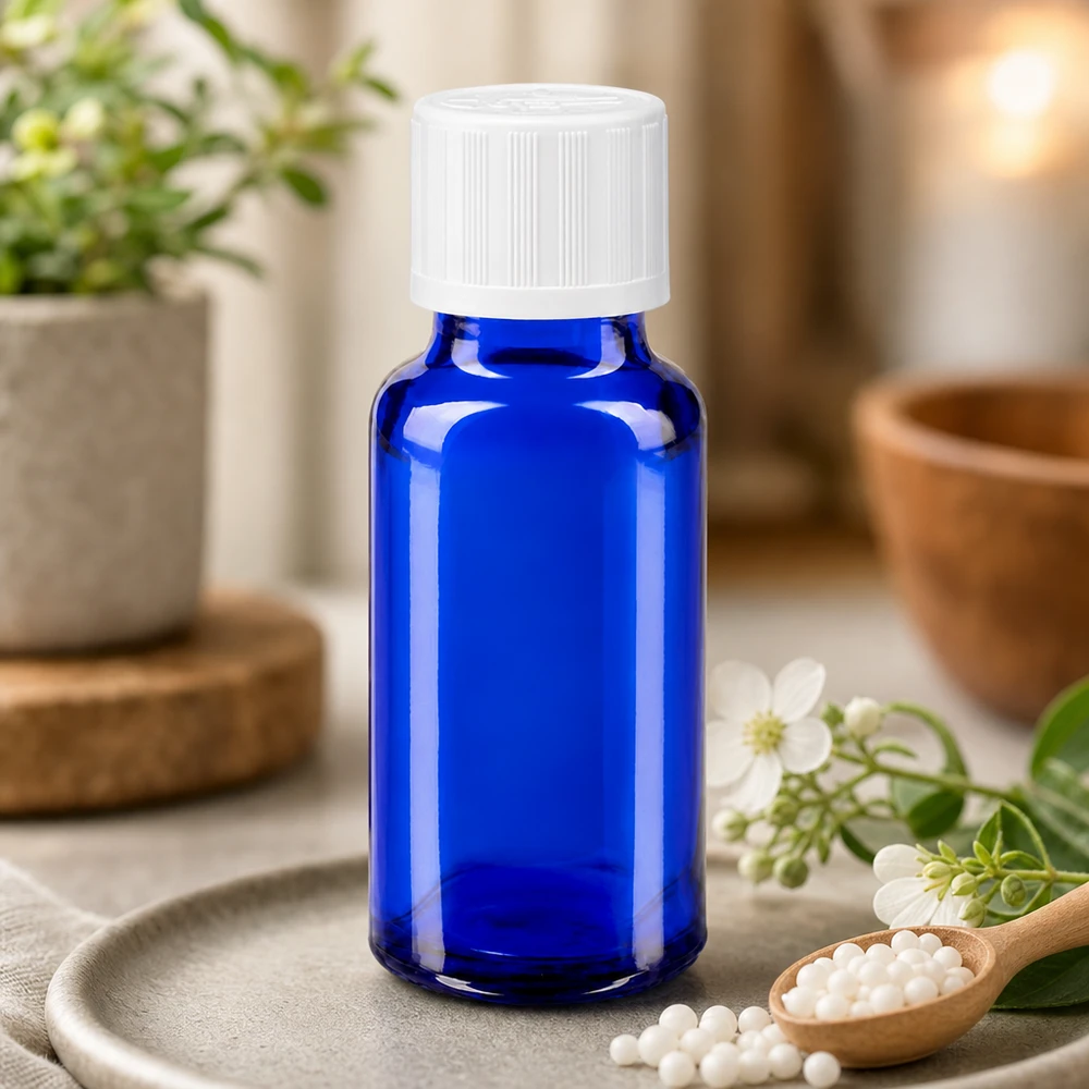 Niebieska buteleczka apteczna o pojemności 20 ml z białym zamknięciem zabezpieczającym obok globulek homeopatycznych