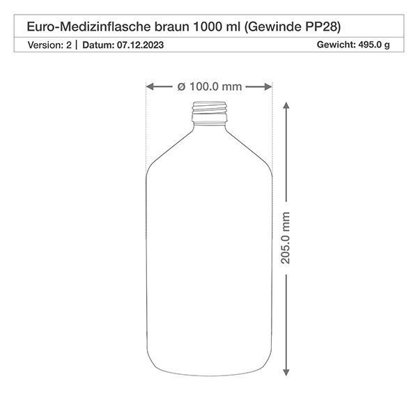 Butelka na leki 1000ml br&#261;zowa, bez zakr&#281;tki PP28 ApoGlas. Farmaceutyczna jako&#347;&#263; produkcji UE. Gwint 28 mm. (syrop, butelka z lekkiego szk&#322;a)