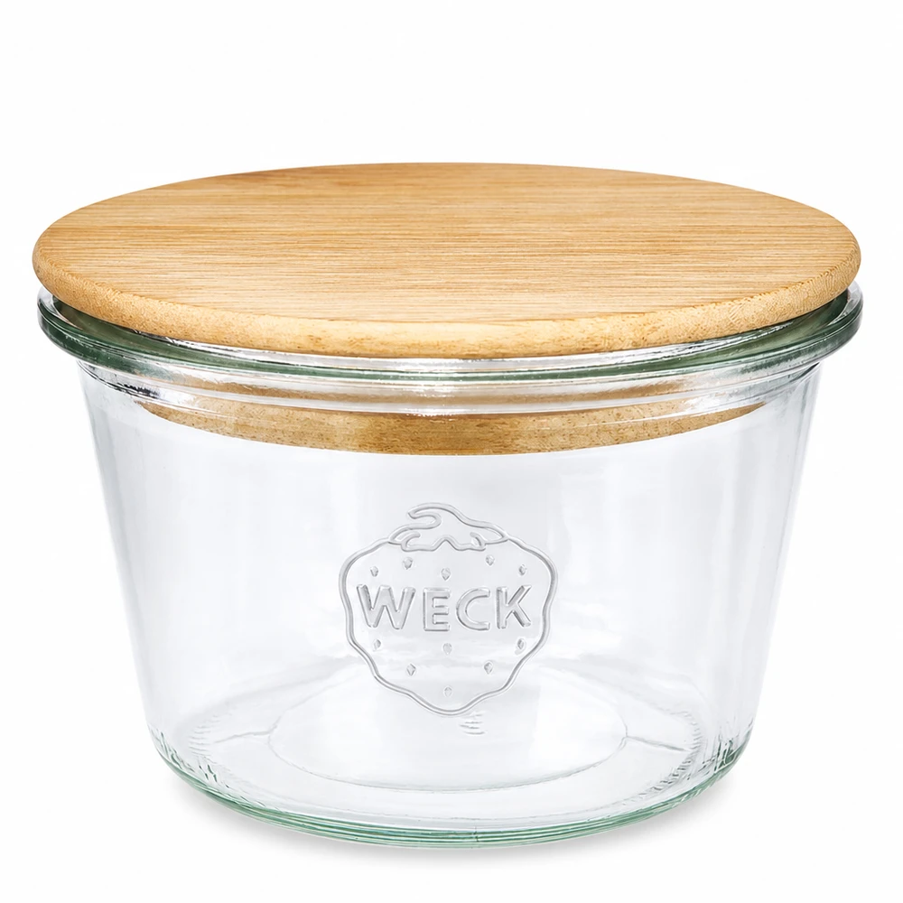 370ml słoik WECK RR100 z drewnianą pokrywką - okrągły szklany słoik na przetwory z bambusową pokrywką do kuchni