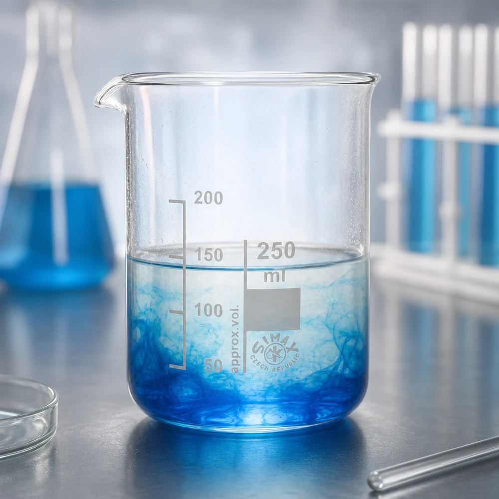 Zlewka 250 ml ze szkła borokrzemowego, niski kształt Zlewka laboratoryjna 250 ml z odpornego na niskie temperatury szkła borokrzemowego z praktyczną wylewką