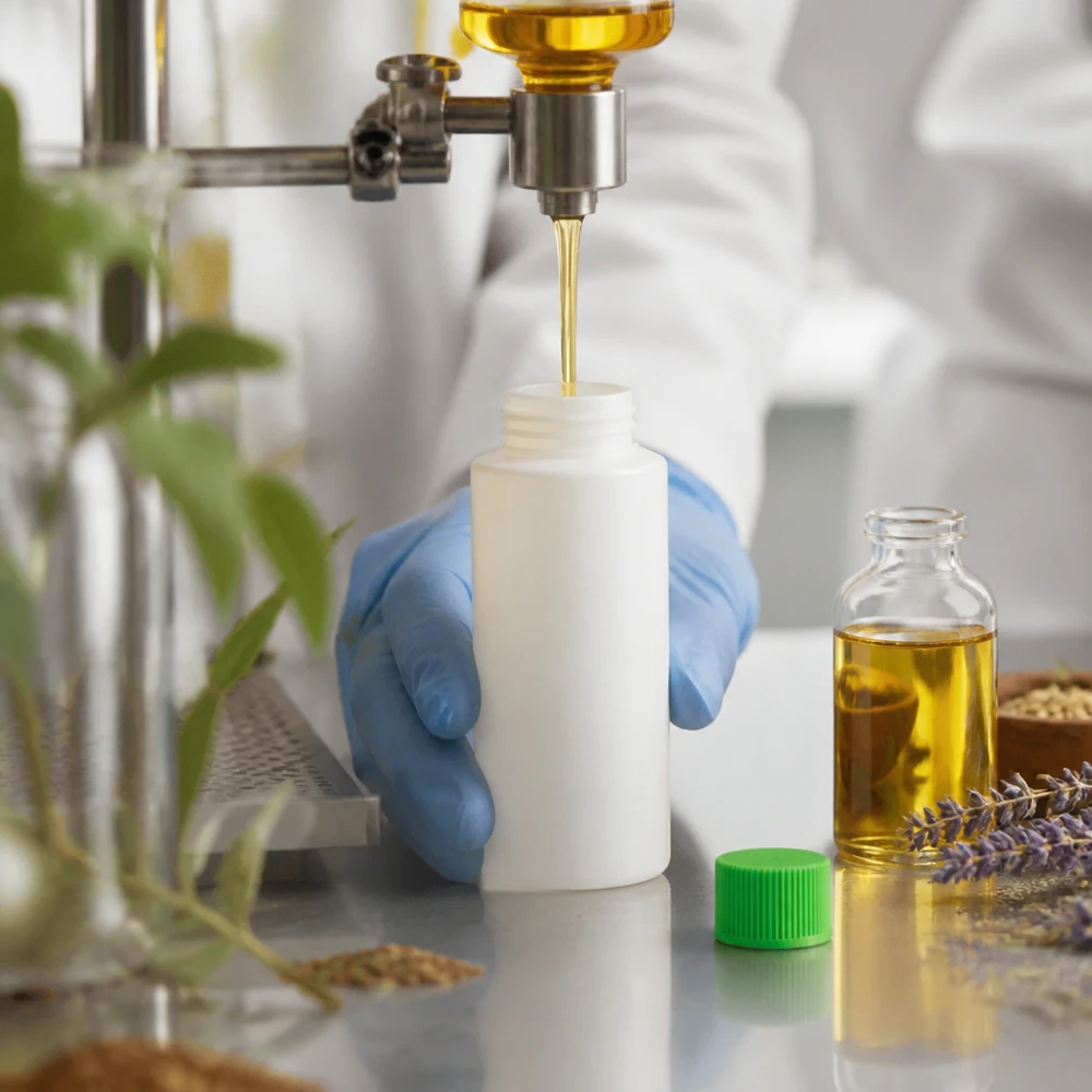 Napełnianie białej butelki aptecznej z HDPE o pojemności 30 ml żółtym olejem roślinnym w laboratorium w pomieszczeniu czystym