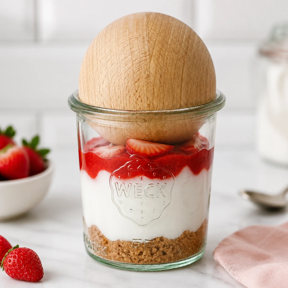 Kubki 140ml WECK RR60 z drewnianą kulką buk WECK Sturzglas 140ml RR60 als Dessertglas mit Erdbeeren und Sahne, Holzkugel aus Buche als stilvoller Deckel