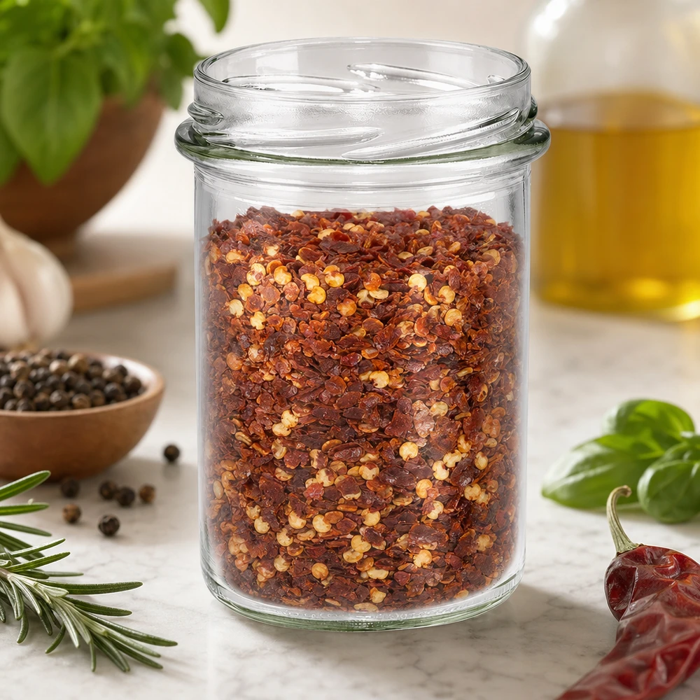 UNiTWIST Sturz230 - kubki o pojemności 230ml TO66 UNiTWIST Lintel230 Słoik Lintel 230ml TO66 wypełniony mieszanką przypraw chili na stole kuchennym z ziołami