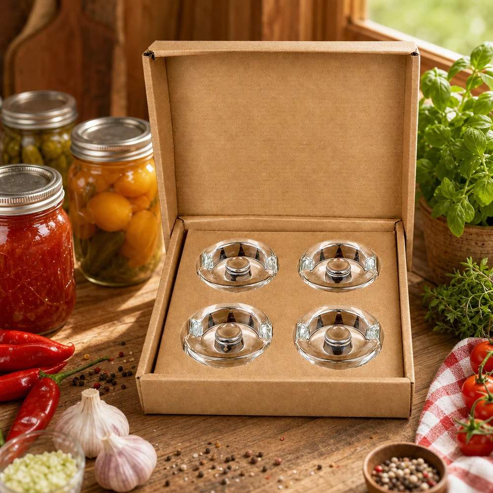 Szklane obciążniki fermentacyjne z uchwytem zestaw 4 UNiTWIST Fermentier-Glasgewichte UNiTWIST 4er Set in Geschenkbox umgeben von frischen Kräutern Tomaten und Einmachgläsern