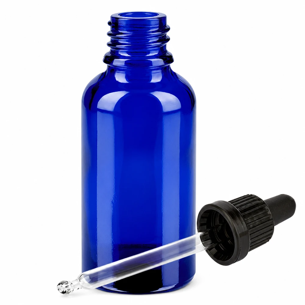 Butelka do leków płynnych 30 ml, czarna OV BlueLine UT18/30 Niebieska szklana butelka 30 ml z pipetą i czarnym zakraplaczem do precyzyjnego dozowania