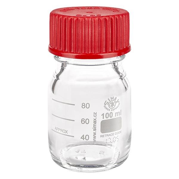 Butelka laboratoryjna z gwintem o pojemności 100 ml wykonana ze szkła borokrzemowego 3.3. z czerwoną zakrętką, uszczelką i pierścieniem do nalewania Butelka laboratoryjna z gwintem o pojemności 100 ml wykonana ze szkła borokrzemowego 3.3. z czerwoną zakrętką, uszczelką i pierścieniem do nalewania