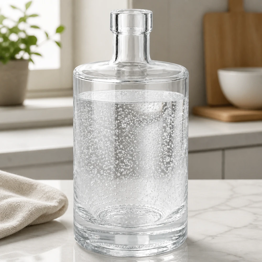 500 ml szklana butelka Marie wypełniona gazowaną wodą mineralną na marmurowym blacie w nowoczesnej kuchni