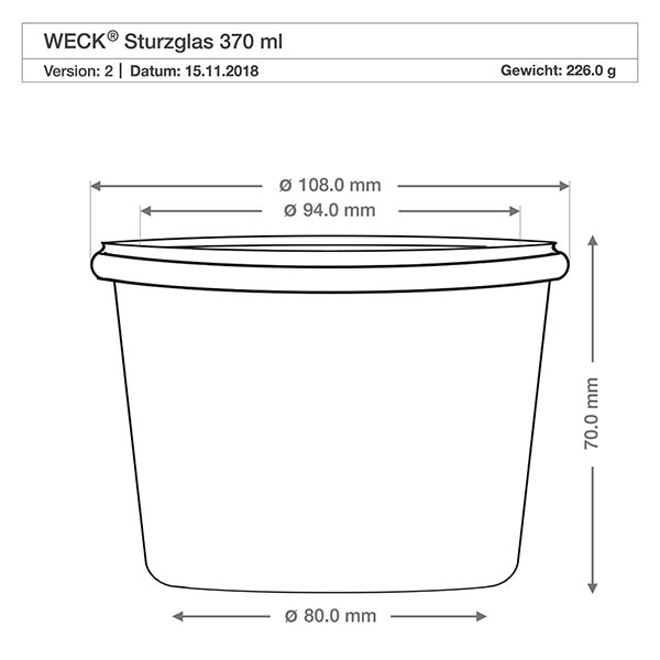Zestaw 6 słoików Weck o pojemności 370 ml z 6 szklanymi pokrywkami Kubki WECK 370ml RR100 rysunek techniczny wymiary średnica 108mm wysokość 70mm specyfikacja produktu