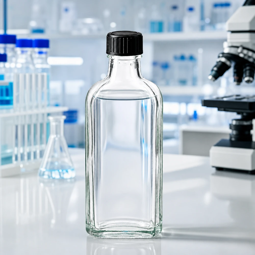 Przezroczysta butelka Meplat o pojemności 100 ml z krążkiem uszczelniającym LKD w profesjonalnym środowisku laboratoryjnym