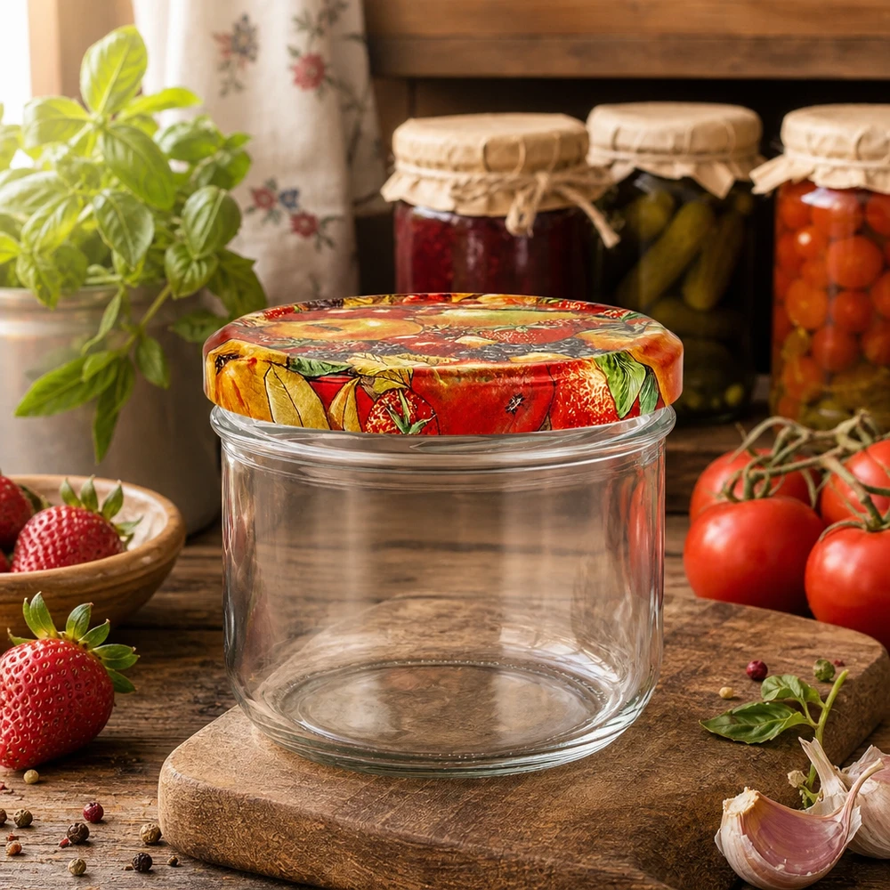 Szklanka z pokrywką BasicSeal z motywem owocowym UN.. Leeres 260ml Sturzglas mit dekorativem Obst-Deckel umgeben von frischen Tomaten und Erdbeeren in Küche