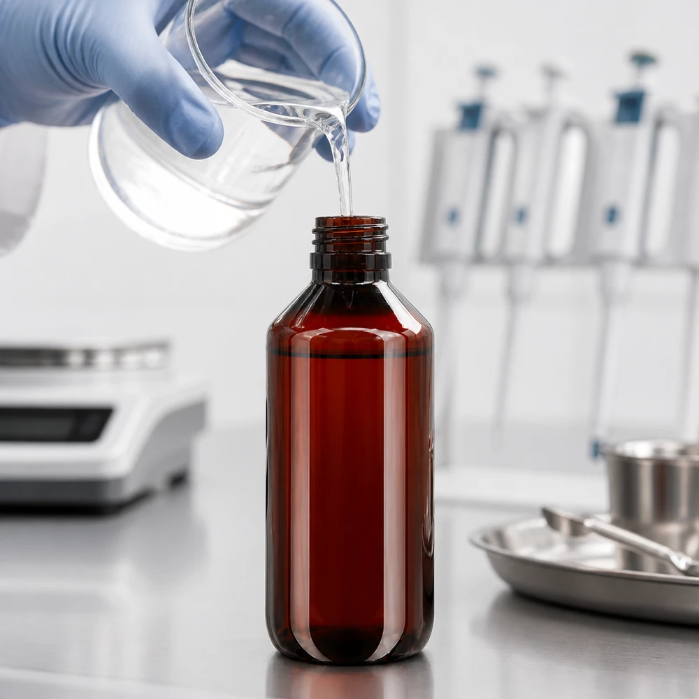 Kompakte 200ml PET Flasche in Bernsteinfarbe mit OV Verschluss für chemische und pharmazeutische Medien