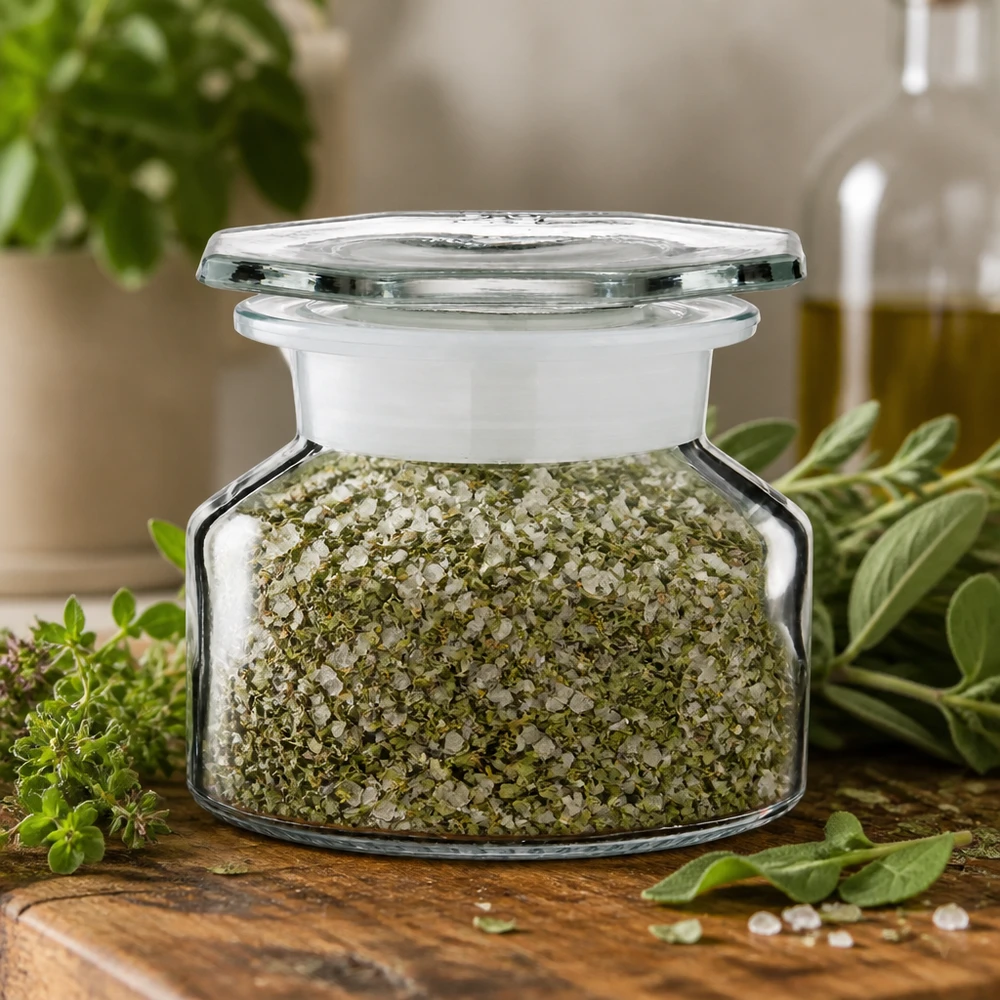 Butelka o pojemności 50 ml z szeroką szyjką, wypełniona solą ziołową i zamknięta białą plastikową nakrętką