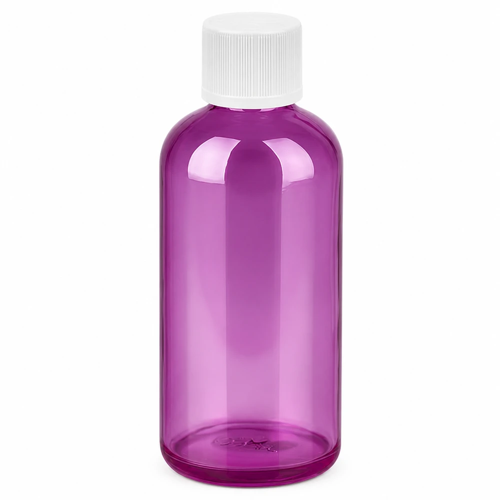Plastikowa butelka 100 ml w kolorze fioletowym przezroczystym z białą zakrętką 11 mm do kosmetyków i farmacji