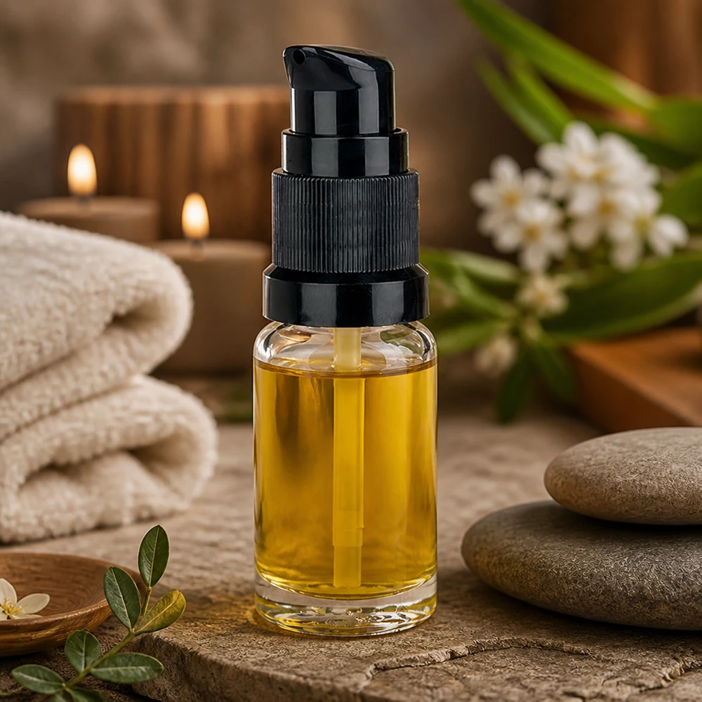Butelka z pompką 10 ml czarna STD ClearLine UT18/10 Mała szklana buteleczka o pojemności 10 ml z czarnym dozownikiem na kamieniu naturalnym wraz z akcesoriami wellness