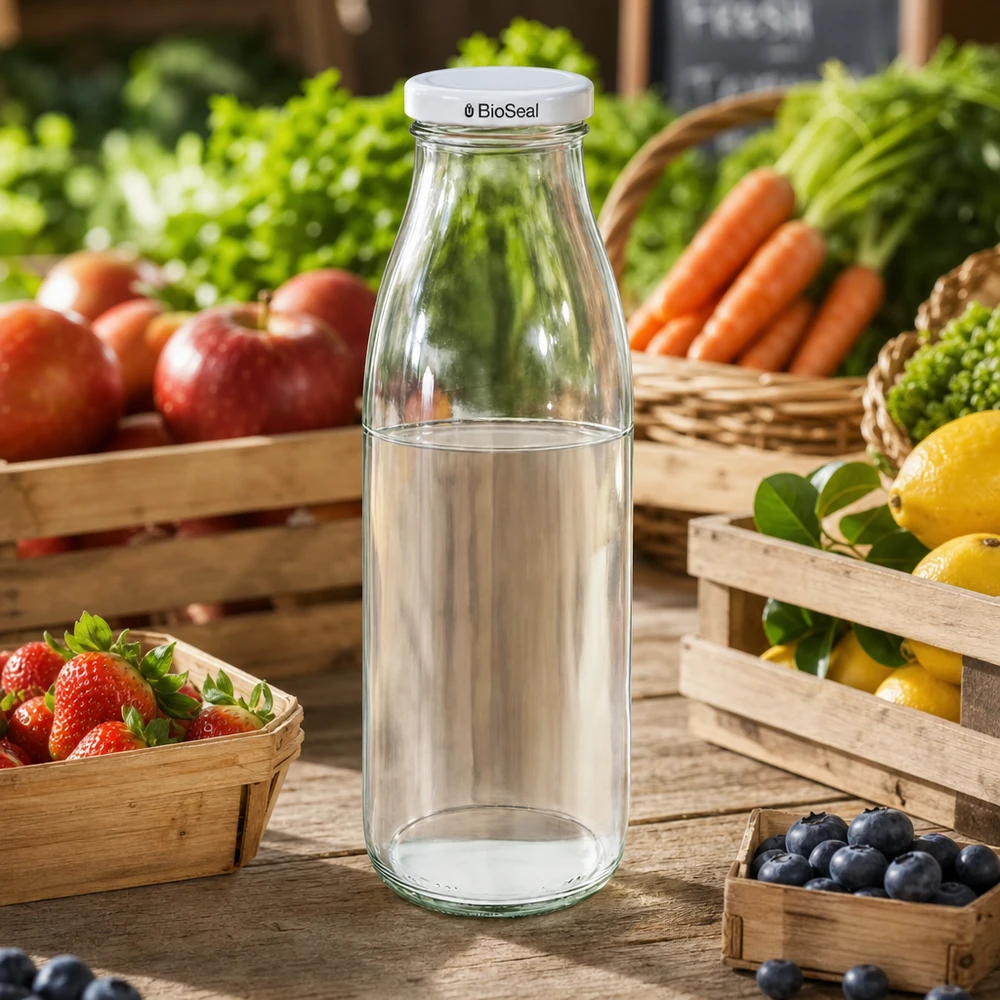 Butelka szklana 500 ml + pokrywka BioSeal biała UNiTWIST. Całkowicie szczelna z dużą pokrywką TO48. Do mleka, soków i lemoniady. 500ml Glasflasche mit BioSeal Deckel auf Marktstand zwischen frischem Obst und Gemüse, ideal für Säfte und Smoothies