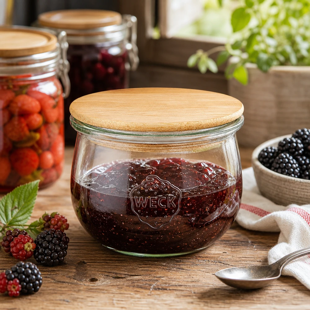 WECK tulipanowy słoik RR100 580ml wypełniony dżemem jagodowym w rustykalnej kuchni ze świeżymi jagodami i drewnianą łyżką