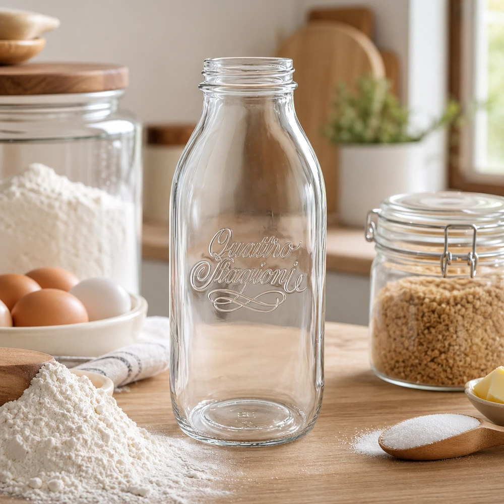 Butelka z szeroką szyjką o pojemności 1000 ml "Quattro Stagioni" Szklana butelka Quattro Stagioni o pojemności 1000 ml w rustykalnej kuchni ze składnikami do gotowania i słoikami do przechowywania
