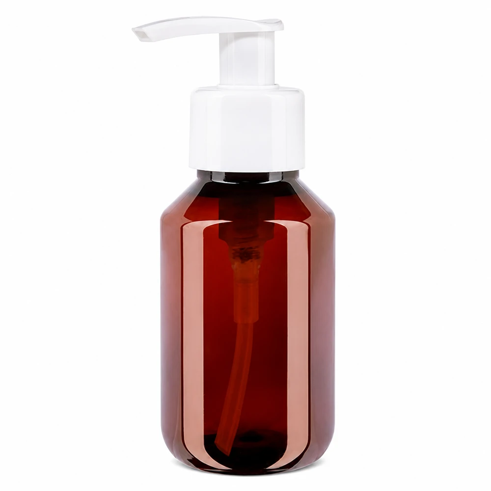 Leere PET Reiseflasche 100ml bernsteinfarben mit weisser Pumpe nachfüllbar und wiederverwendbar