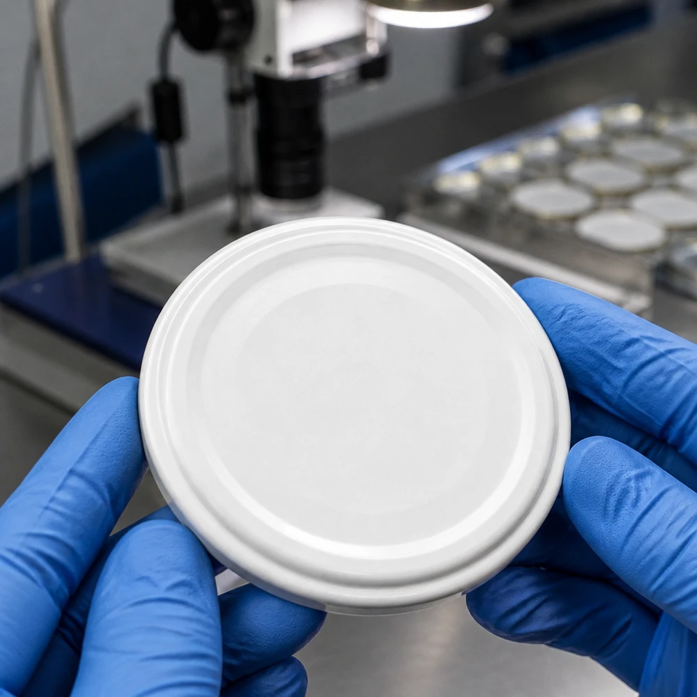 UNiTWIST TO66 biały, BioSeal, BPA-NI, unitemp UNiTWIST TO66 – biała pokrywa BioSeal w środowisku laboratoryjnym, trzymana w niebieskiej rękawiczce jednorazowej