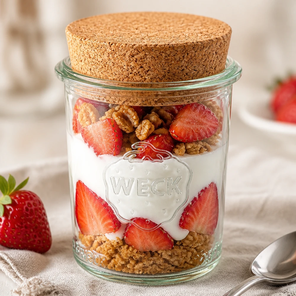Kubki 160ml WECK RR60 z korkiem naturalne Słoiczek WECK 160ml RR60 wypełniony jogurtem z truskawkami i orzechami jako deser w słoiczku z korkową pokrywką