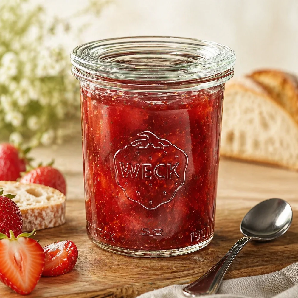 Szklanka o pojemności 160 ml z szklaną pokrywką WECK RR60 Słoik WECK RR60 160 ml z czerwonym dżemem truskawkowym i łyżeczką, dekoracyjnie ułożony z chlebem i truskawkami
