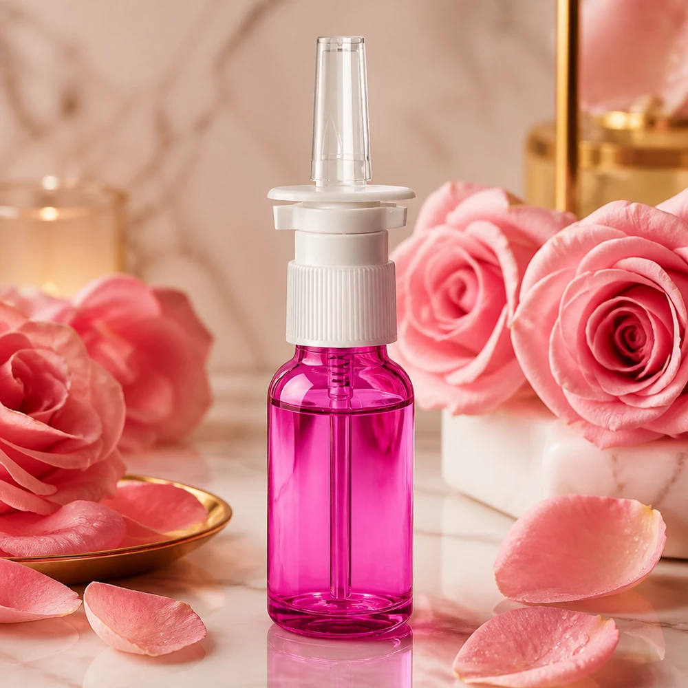 20 ml butelka ze sprayem do nosa wykonana z wysokiej jakości tworzywa sztucznego z ergonomiczną głowicą rozpylającą w kolorze fioletowym