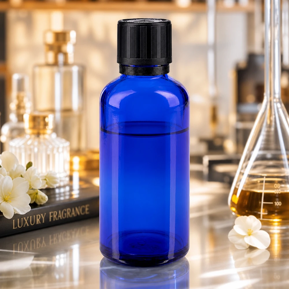 Niebieska buteleczka laboratoryjna o pojemności 50 ml z czarnym zamknięciem typu OV, przeznaczona do kolb Erlenmeyera i flakonów perfumowych