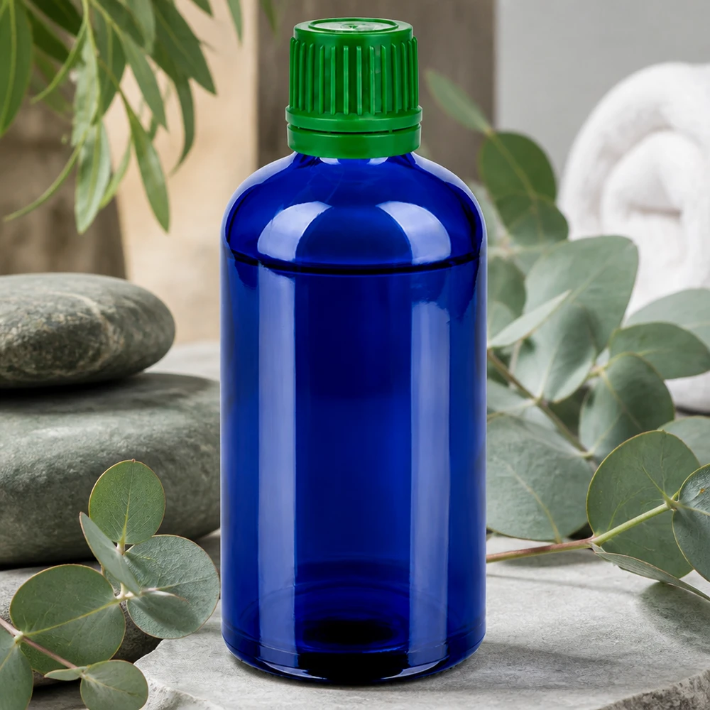 Butelka 100 ml 11 mm SV zielona OV BlueLine UT18/100 Wysokiej jakości szklana butelka 100 ml w eleganckim niebieskim kolorze z praktyczną zieloną zakrętką 11 mm