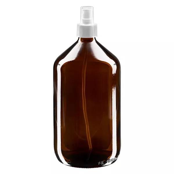 Butelka medyczna Euro 1000 ml, brązowa PP28 z rozpylaczem, biała