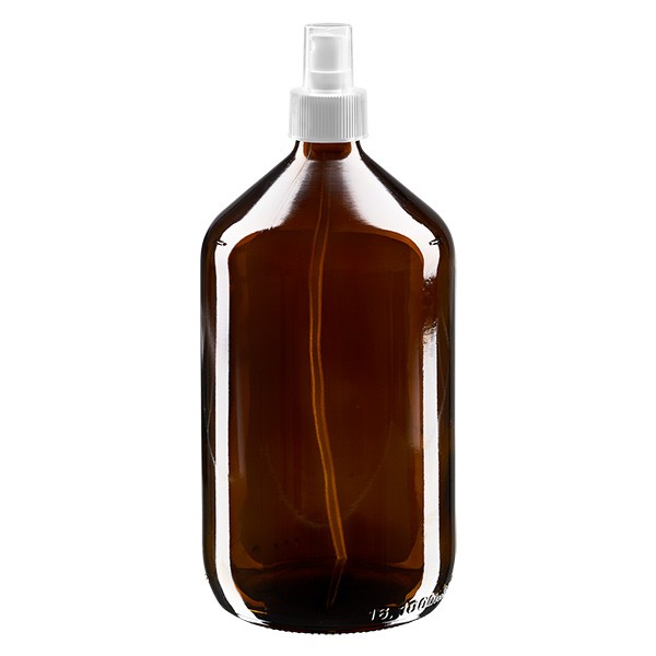 Butelka medyczna Euro 1000 ml, brązowa PP28 z rozpylaczem, biała Butelka medyczna Euro 1000 ml, brązowa PP28 z rozpylaczem, biała