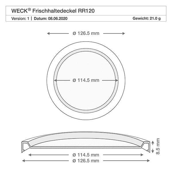 Słoik dla smakoszy o pojemności 300 ml. WECK RR120 Rysunek techniczny pokrywy do przechowywania świeżych produktów WECK RR120 o średnicy 126,5 mm i przekroju 114,5 mm