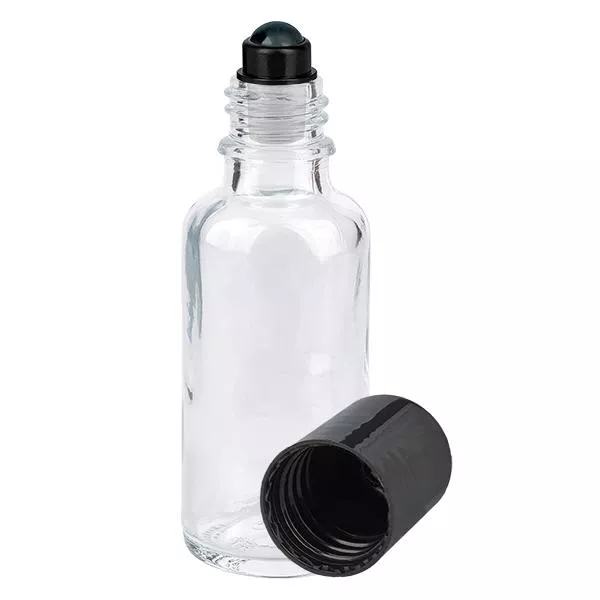Butelka apteczna przezroczysta 30 ml z czarnym zamknięciem typu roll-on