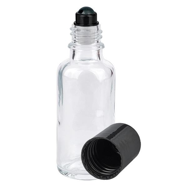 Butelka apteczna przezroczysta 30 ml z czarnym zamknięciem typu roll-on Butelka apteczna przezroczysta 30 ml z czarnym zamknięciem typu roll-on