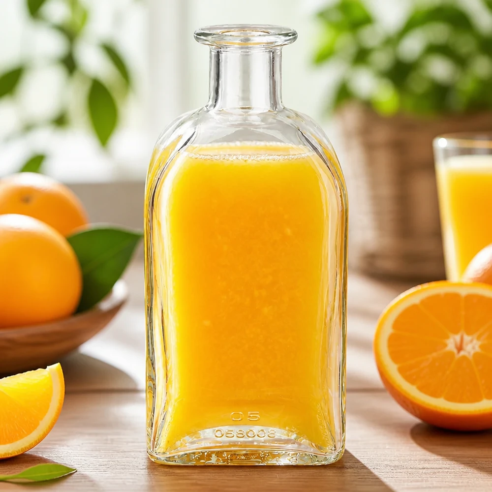 500 ml szklana butelka Julia wypełniona sokiem pomarańczowym otoczona świeżymi pomarańczami i plastrami pomarańczy na drewnianym stole