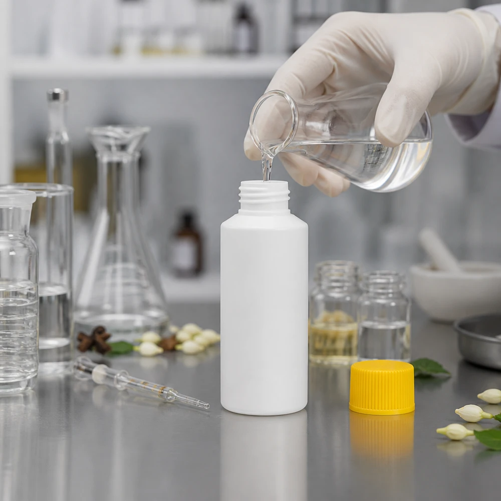 Cylindryczna, biała butelka apteczna o pojemności 30 ml, wykonana z HDPE, z żółtą nakrętką, na stole laboratoryjnym