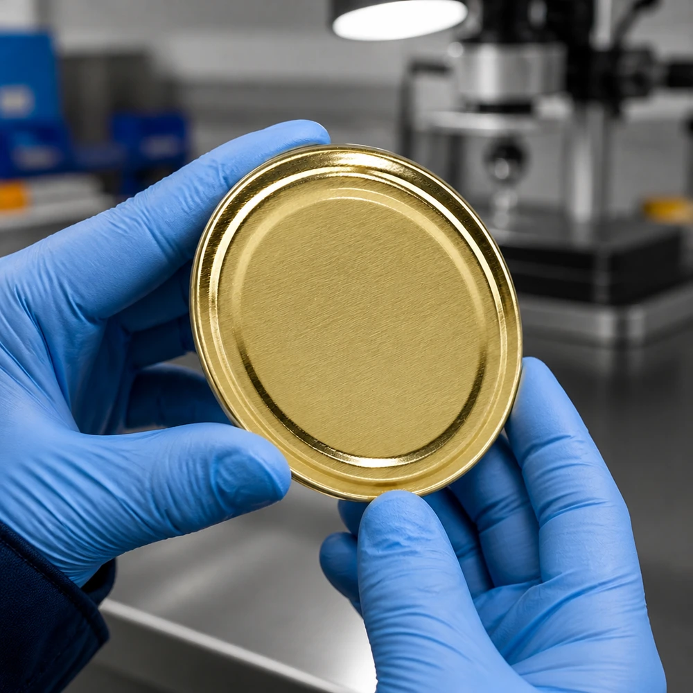 Pokrywka BasicSeal 58 mm w kolorze złotym, TO58 UniTwist – zbliżenie w niebieskiej rękawiczce laboratoryjnej