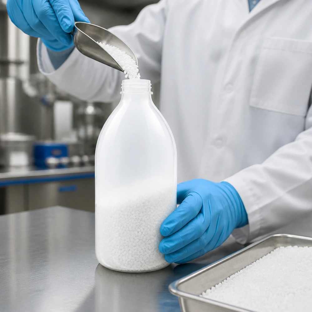 Laborant wsypuje białe granulki do laboratoryjnej butelki o pojemności 500 ml z wąską szyjką, bez nakrętki