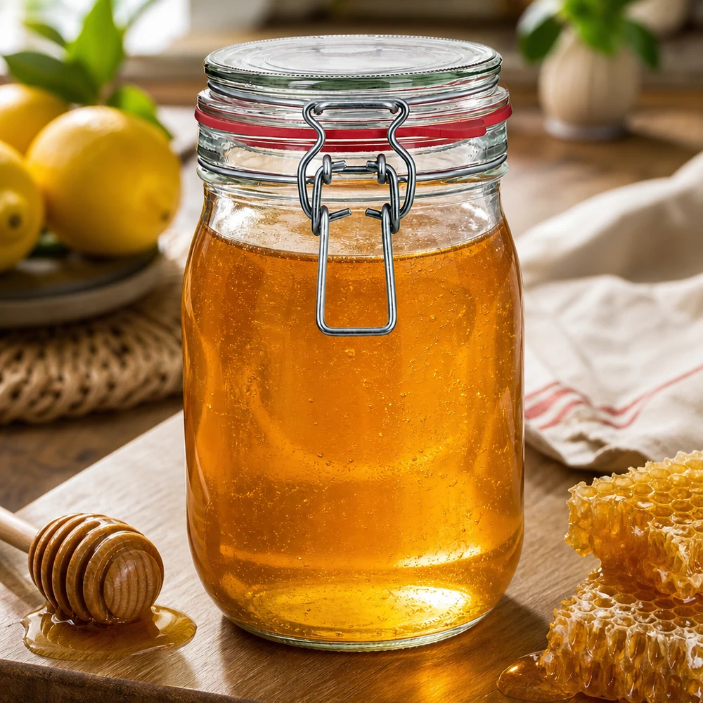 Słoik do przechowywania o pojemności 1140 ml, typ G, z zamknięciem na zatrzask UN.. Słoik do przechowywania miodu i dżemu o pojemności 1140 ml wykonany z wysokiej jakości szkła.