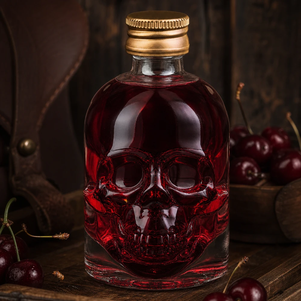 50 ml szklana butelka z motywem czaszki Hectora z wiśniową zawartością otoczoną świeżymi wiśniami na rustykalnym drewnie