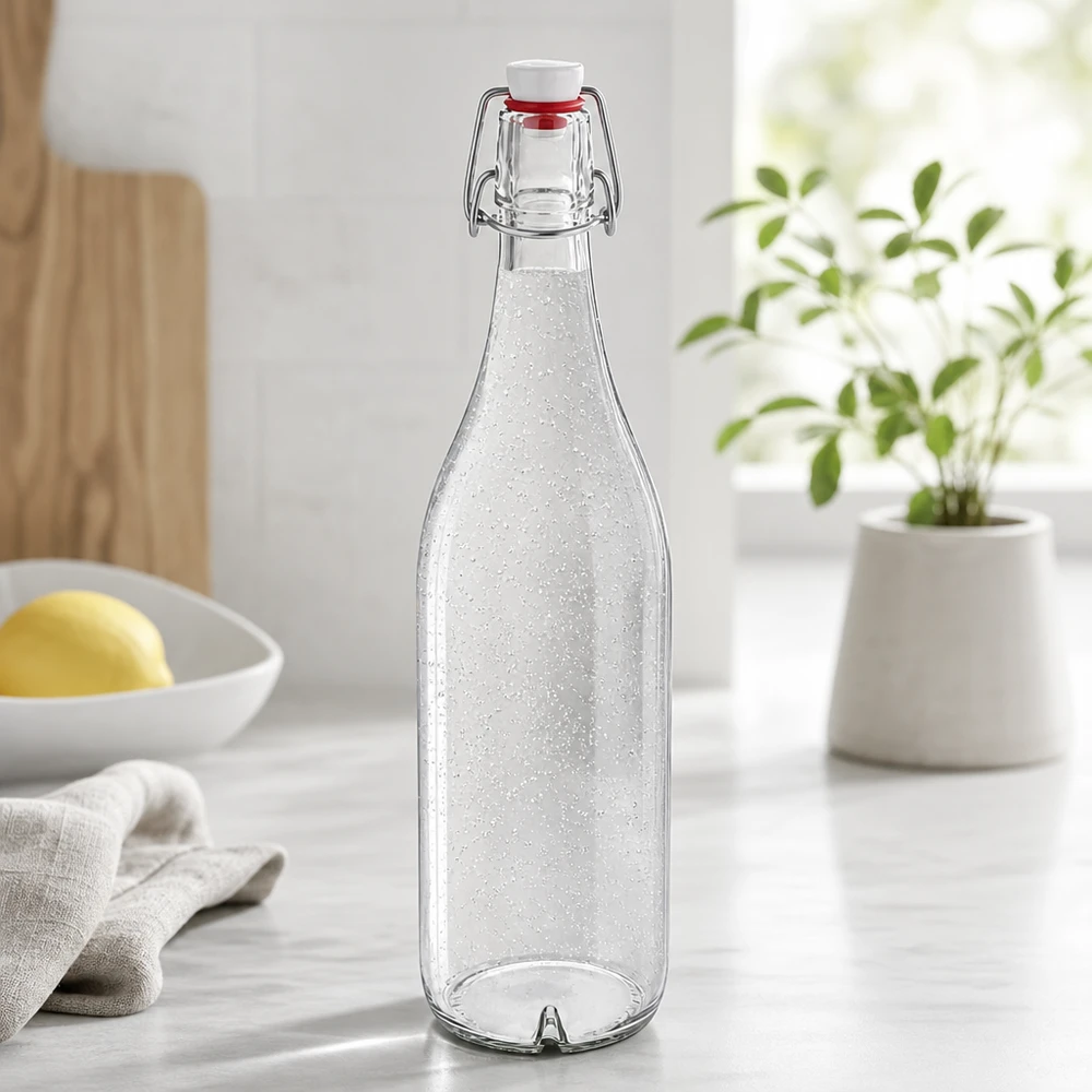 Szklana butelka 1000 ml i zamknięcie z uchwytem PVC UNiTWIST Szklana butelka 1000ml z PVC UNiTWIST wypełniona wodą gazowaną w nowoczesnej kuchni Lifestyle