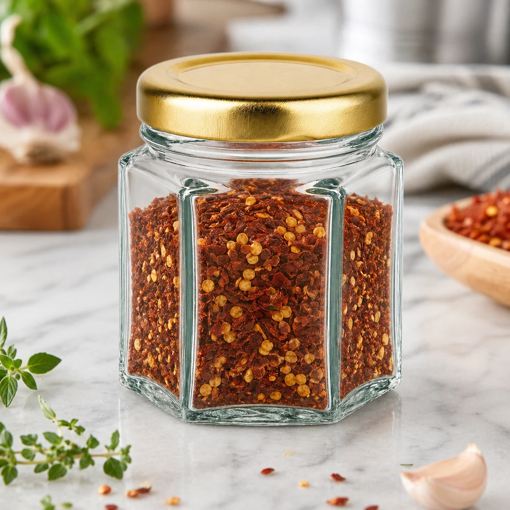 Sześciokątny słoik miodu 60 g wypełniony płatkami chili na marmurowym stole z ziołami i złotą pokrywką BasicSeal