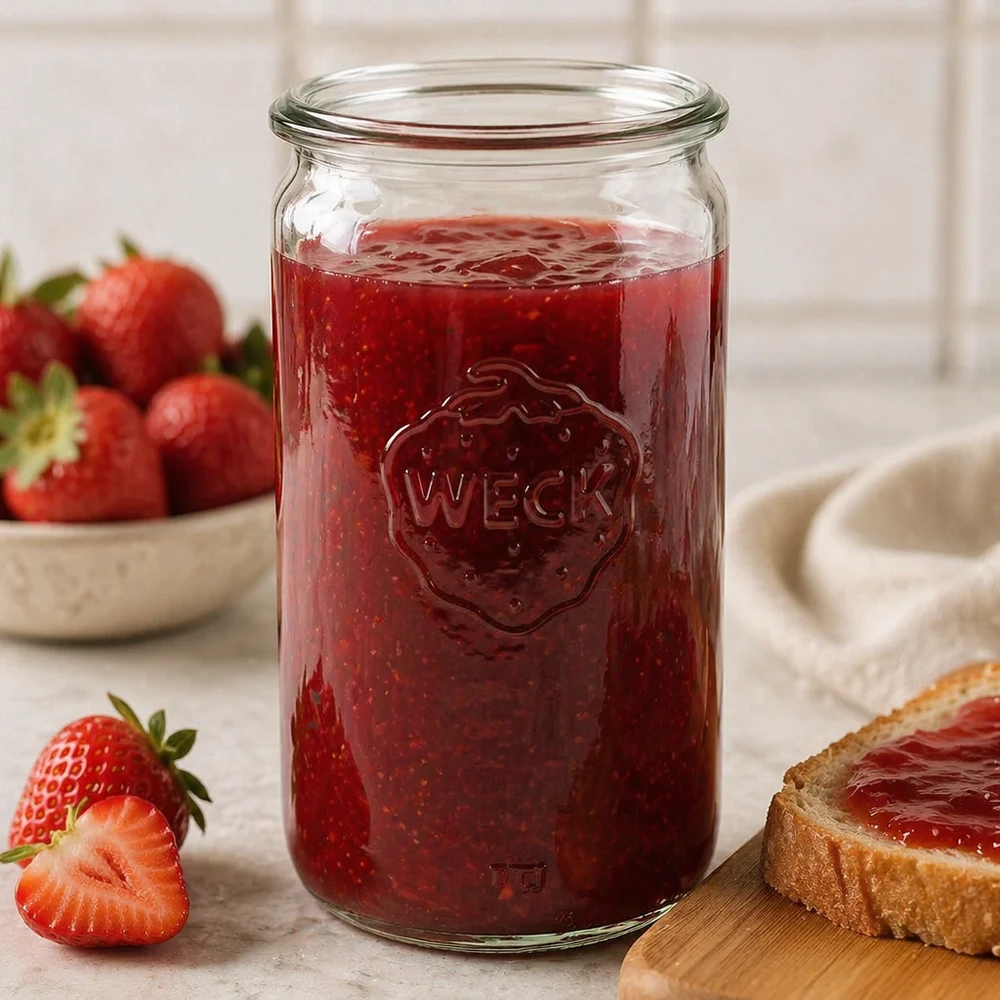WECK 340ml słoik cylindryczny RR60 wypełniony dżemem truskawkowym pokazuje praktyczne zastosowanie jako słoik na przetwory w kuchni