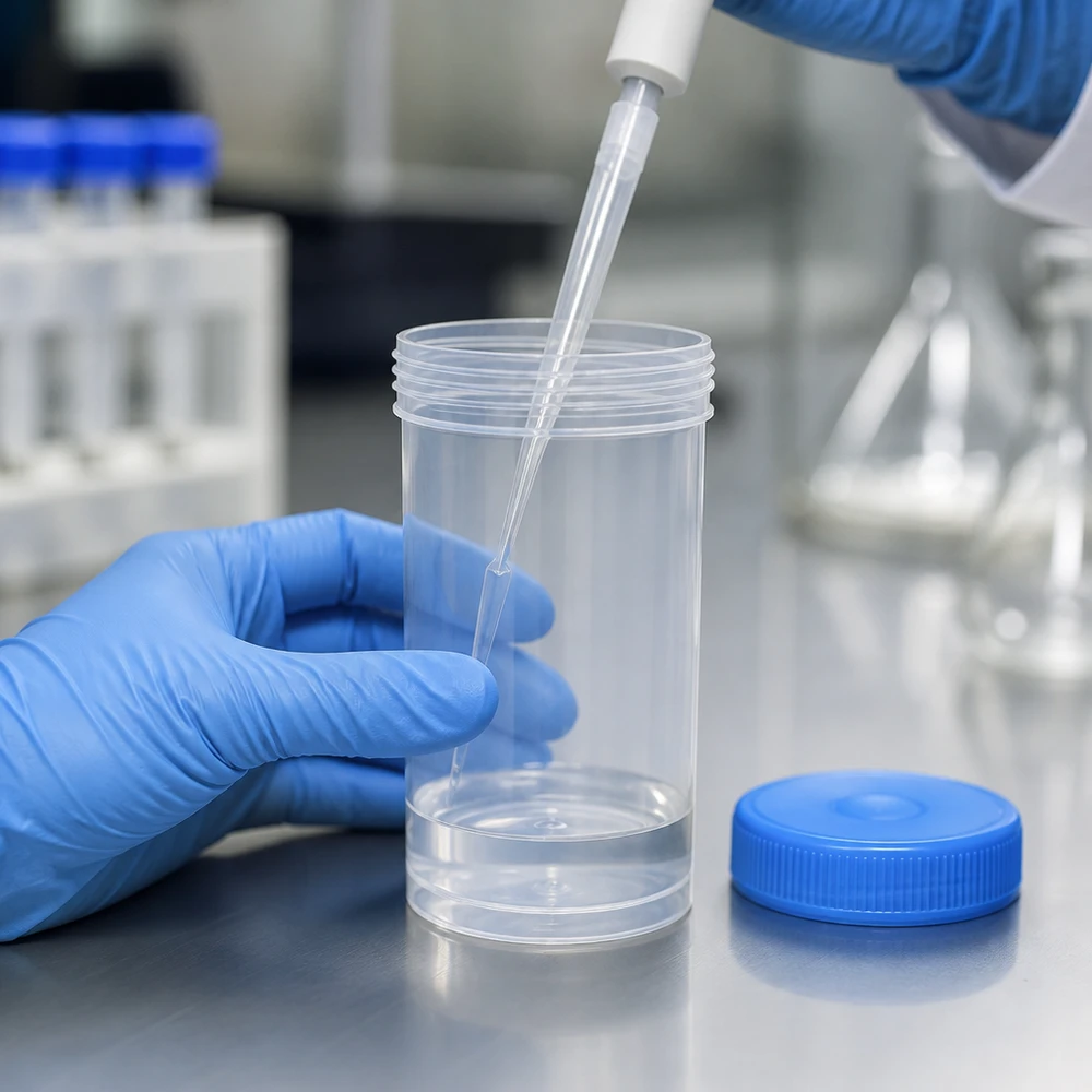 Laborant w niebieskich rękawiczkach napełnia pipetą sterylny pojemnik na próbki o pojemności 100 ml
