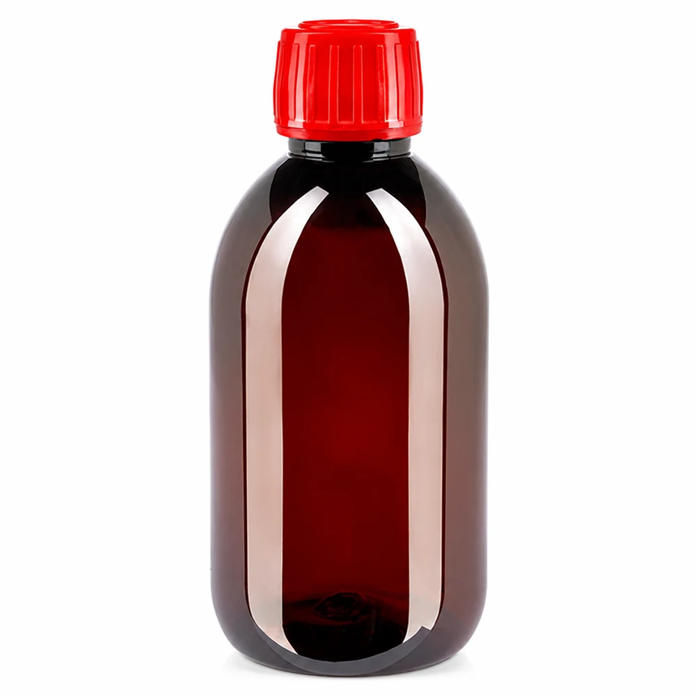 Butelka PET 250ml z czerwoną nakrętką OV Brązowa butelka PET o pojemności 250 ml z czerwonym zamknięciem zabezpieczającym, przeznaczona dla branży farmaceutycznej i chemicznej